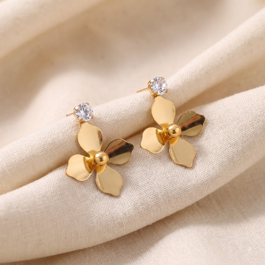 Gold Floral Drop Earrings with Crystal Stud | Women's Jewellery