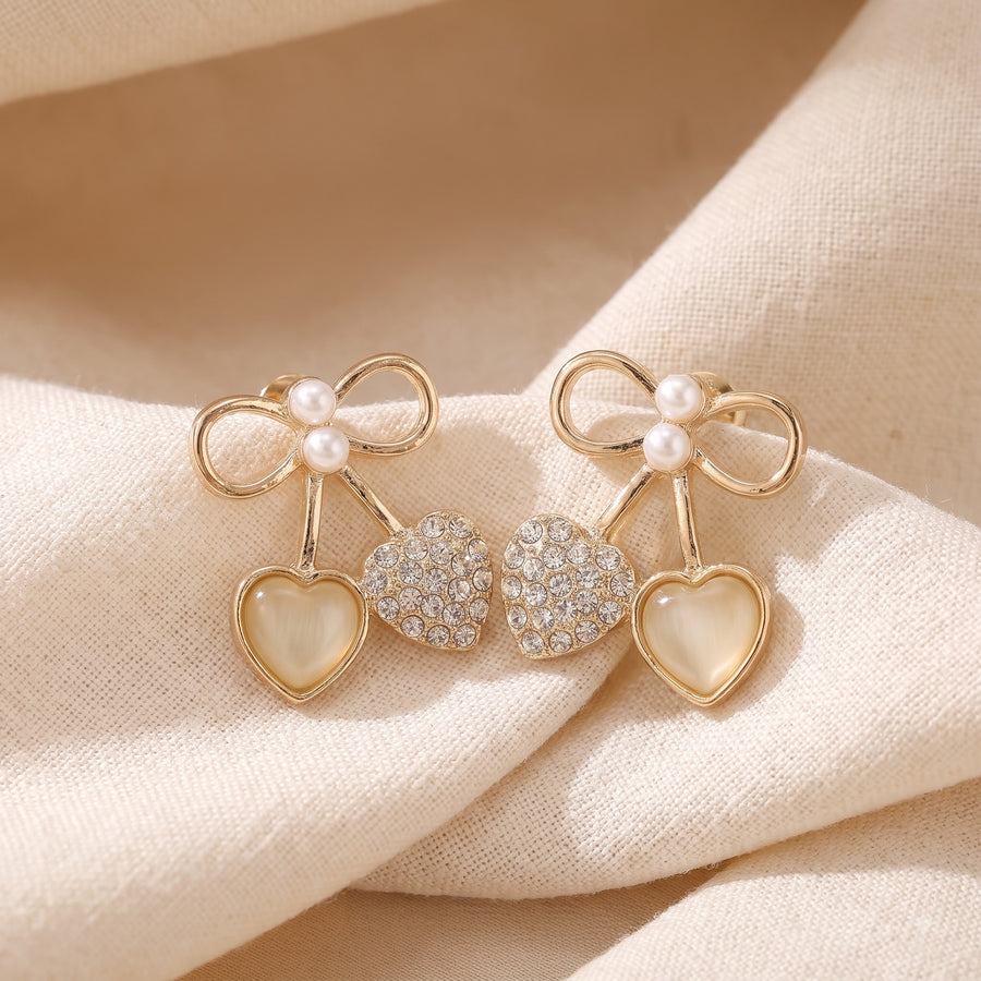 Amour Pearl Bow & Crystal Heart Earrings