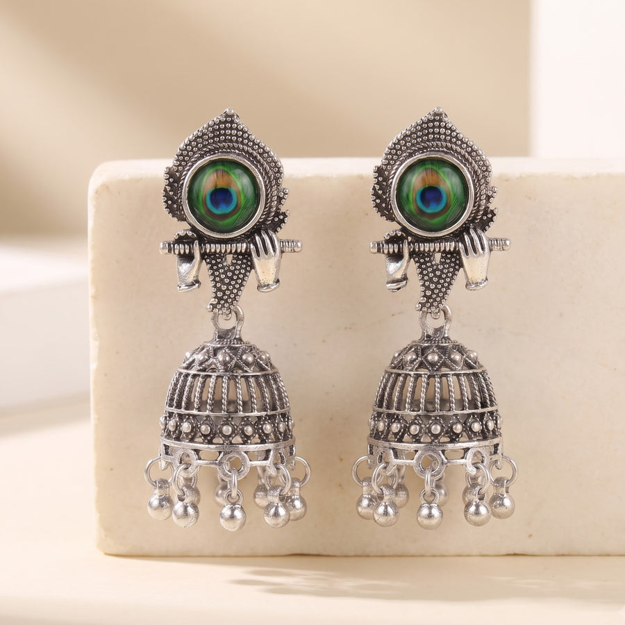 Oxidized Krishna Flute & Peacock Jhumkas